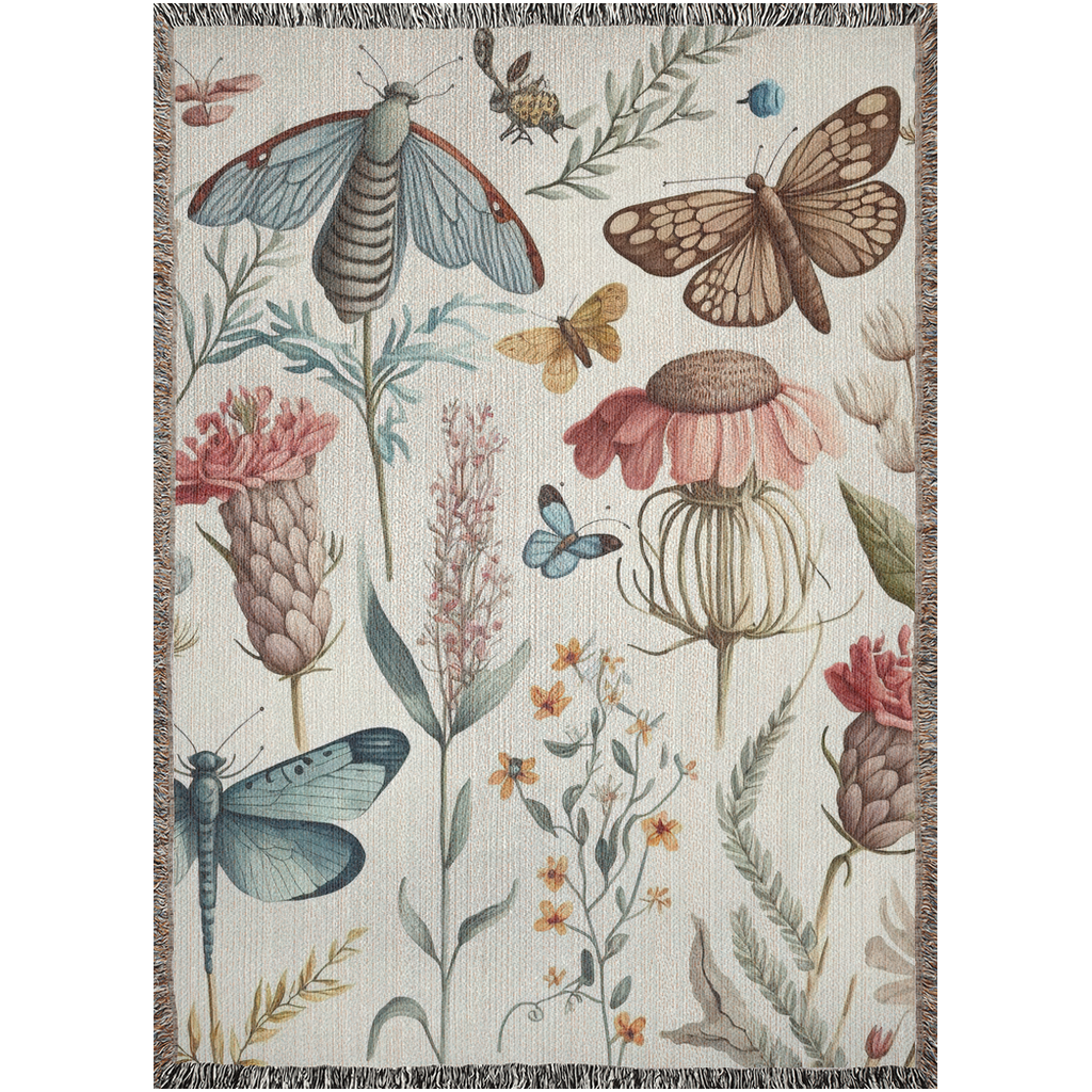 Wildflowers And Moth, Dragonfly And Butterflies Woven Blankets. Spring blanket. Woven throw blanket for gardener, big lover or plant lover.