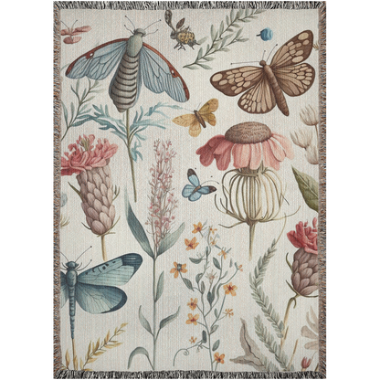 Wildflowers And Moth, Dragonfly And Butterflies Woven Blankets. Spring blanket. Woven throw blanket for gardener, big lover or plant lover.