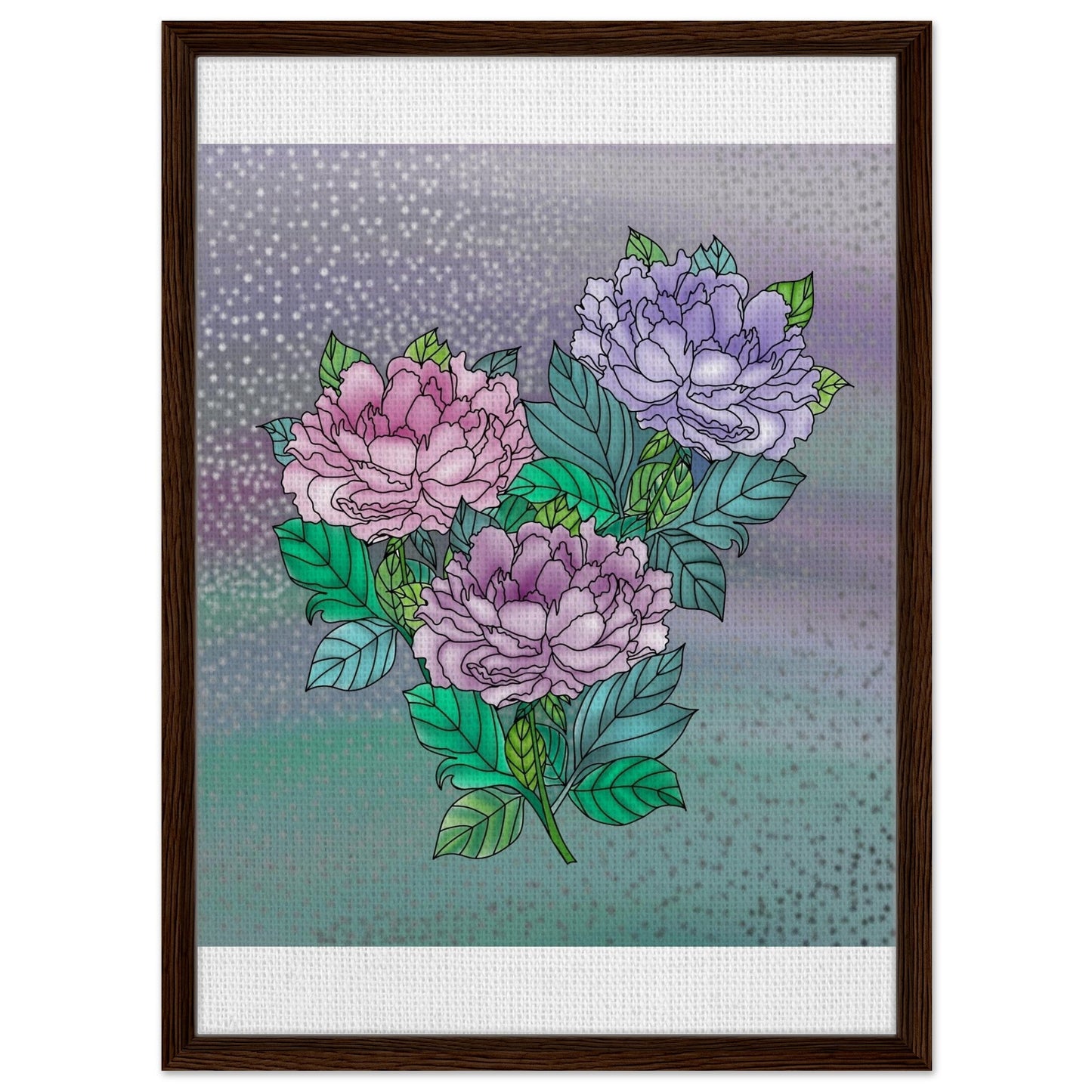 Sparkling Floral Framed Canvas – Muted Elegance for Your Space – Dark wood frame 50x70 cm 20x28″ Canvas Fabric