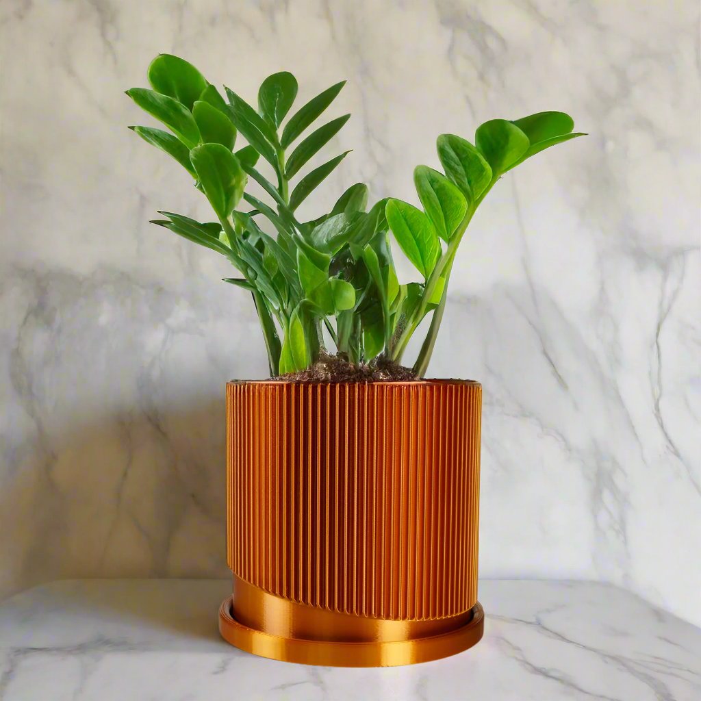 Mid-Century Ribbed Planter with Drainage and Saucer in Multiple Colors, 3D Printed Planter with Unique Modern Design, Lightweight, Wave Copper / 9