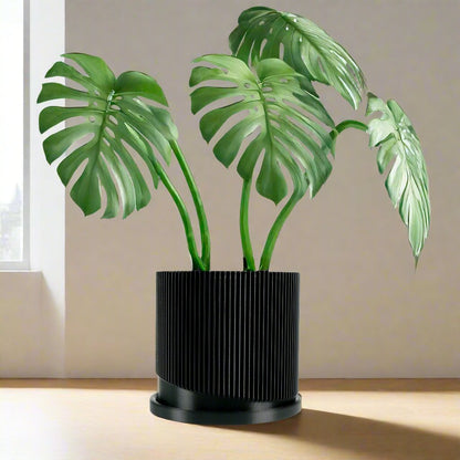 Mid-Century Ribbed Planter with Drainage | Modern 3D Printed Pot –