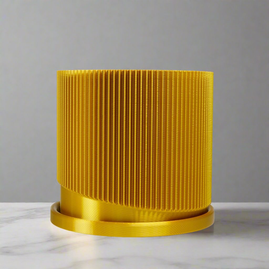 Mid-Century Ribbed Planter with Drainage | Modern 3D Printed Pot – Gold