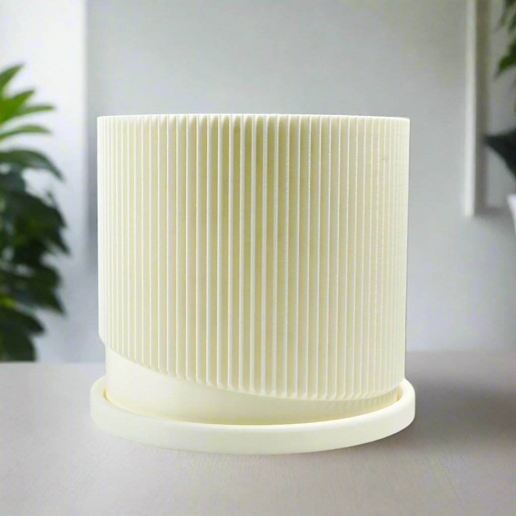 Mid-Century Ribbed Planter with Drainage | Modern 3D Printed Pot – White