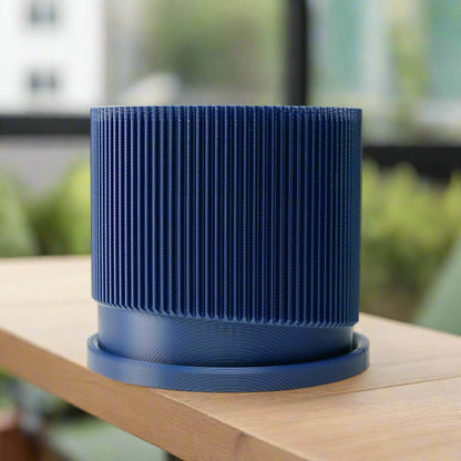 Mid-Century Ribbed Planter with Drainage | Modern 3D Printed Pot – Navy
