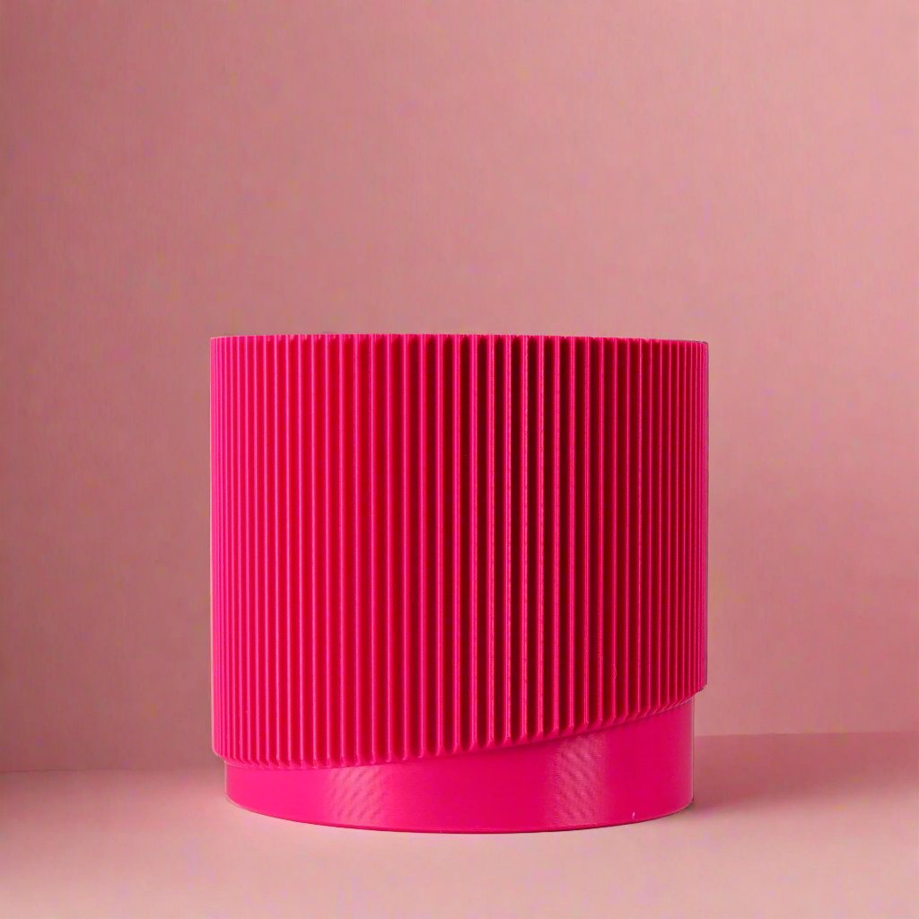 Mid-Century Ribbed Planter with Drainage | Modern 3D Printed Pot – Pink
