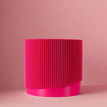 Mid-Century Ribbed Planter with Drainage | Modern 3D Printed Pot – Pink