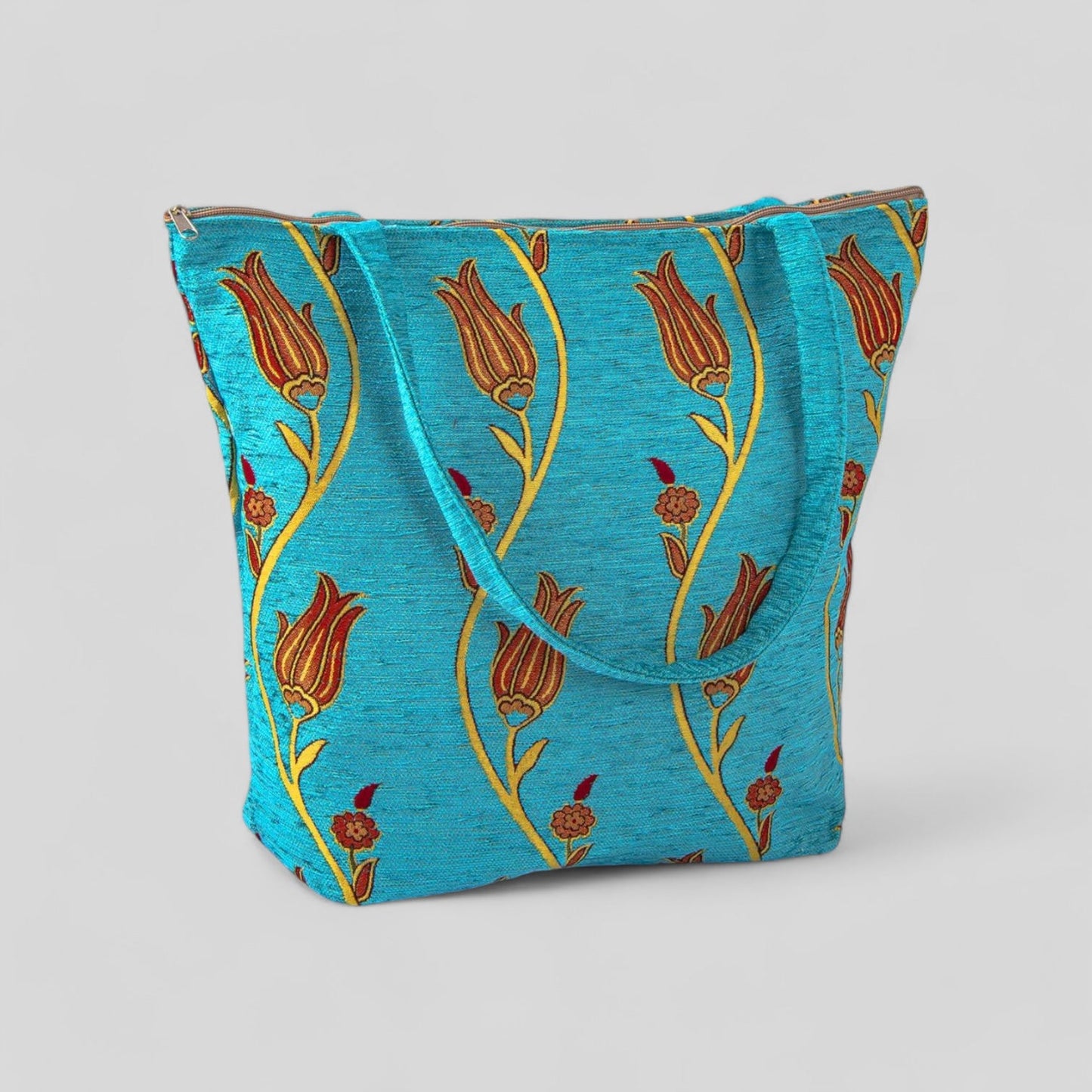 Authentic Kilim Fabric Ottoman Tulips Design Purse with Handles, Turkish Carpet, Beach Bag, Tote, Reusable Shopping Bag -- Turquoise/Gold –
