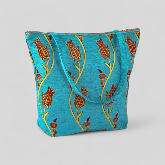 Authentic Kilim Fabric Ottoman Tulips Design Purse with Handles, Turkish Carpet, Beach Bag, Tote, Reusable Shopping Bag -- Turquoise/Gold –
