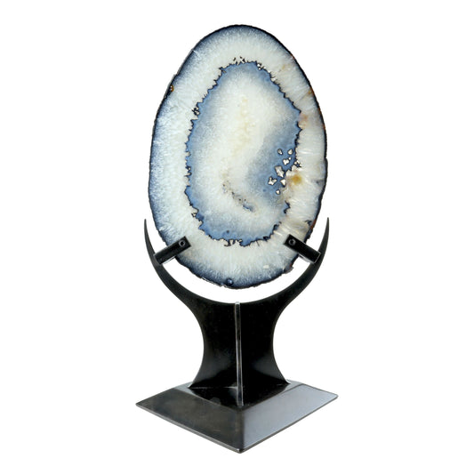 Agate Slice with Dark Blue Bands & Natural Egg Shape - Double-Sided Polish in Custom Crescent Stand –