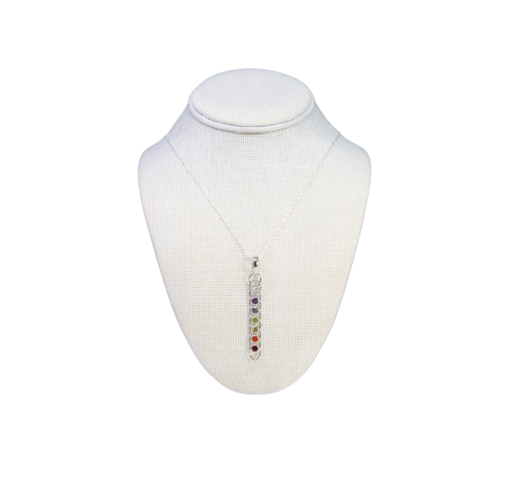 7 Chakra Pendant - 7 Faceted Rounds Set in Layered Vertical Silver Loop Design