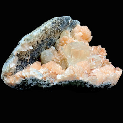 Awesomely Terminated Gemmy Calcite with Bright Orange Stilbite on Black Chalcedony – Rare Indian Zeolite Specimen | Jalgaon, India DK111