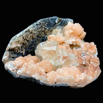 Awesomely Terminated Gemmy Calcite with Bright Orange Stilbite on Black Chalcedony – Rare Indian Zeolite Specimen | Jalgaon, India DK111