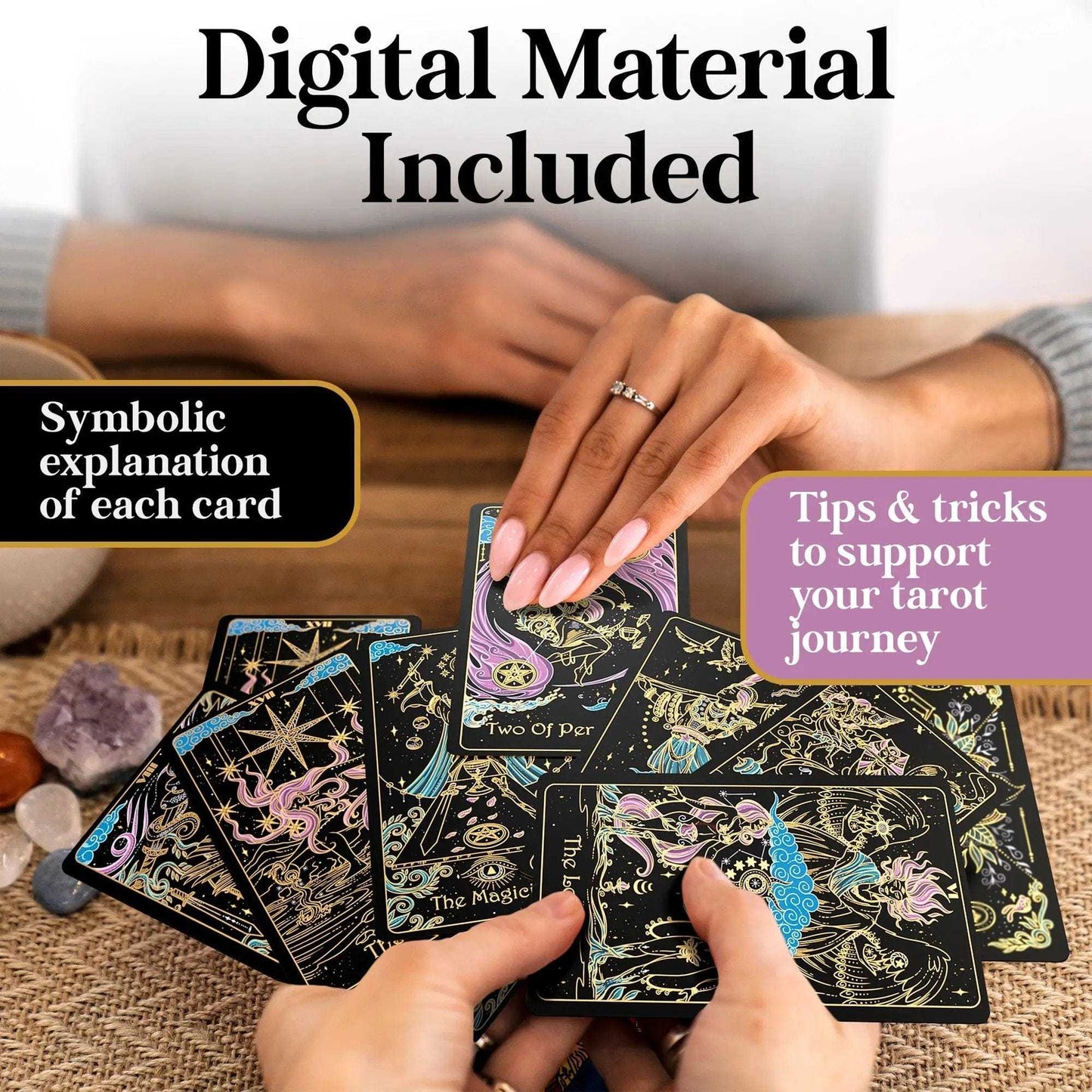 Tridevia Golden Foil Tarot Deck | 78 Cards + Affirmation Guidebook –