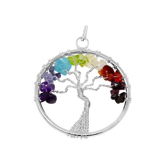 Rainbow Chakra Wire Wrapped Tree of Life Pendant | Gemstone Necklace