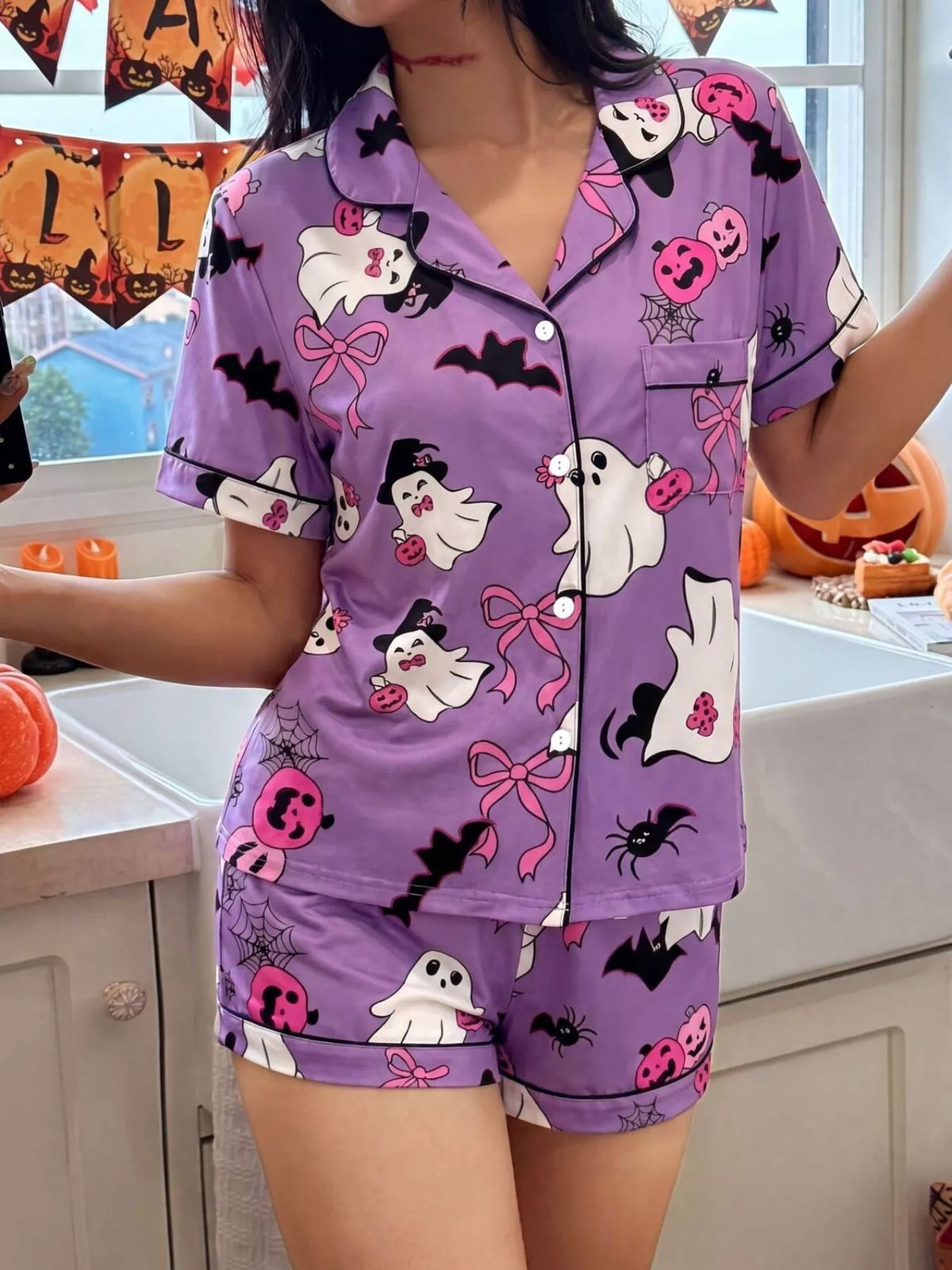 Halloween Ghost Print Lounge Set – Button-Down Top & Shorts