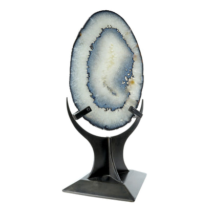 Agate Slice with Dark Blue Bands & Natural Egg Shape - Double-Sided Polish in Custom Crescent Stand –