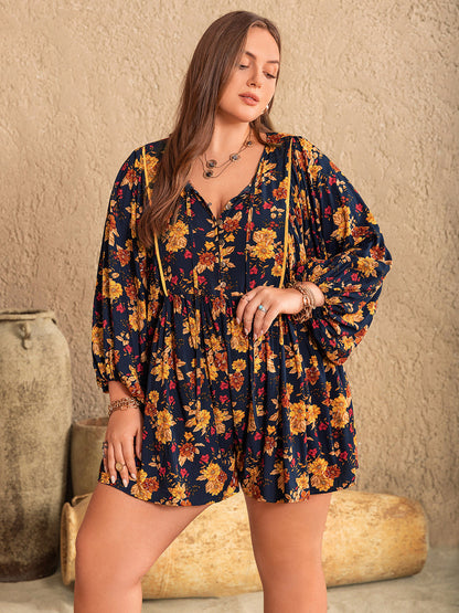 Floral Tie Neck Balloon Sleeve Romper –