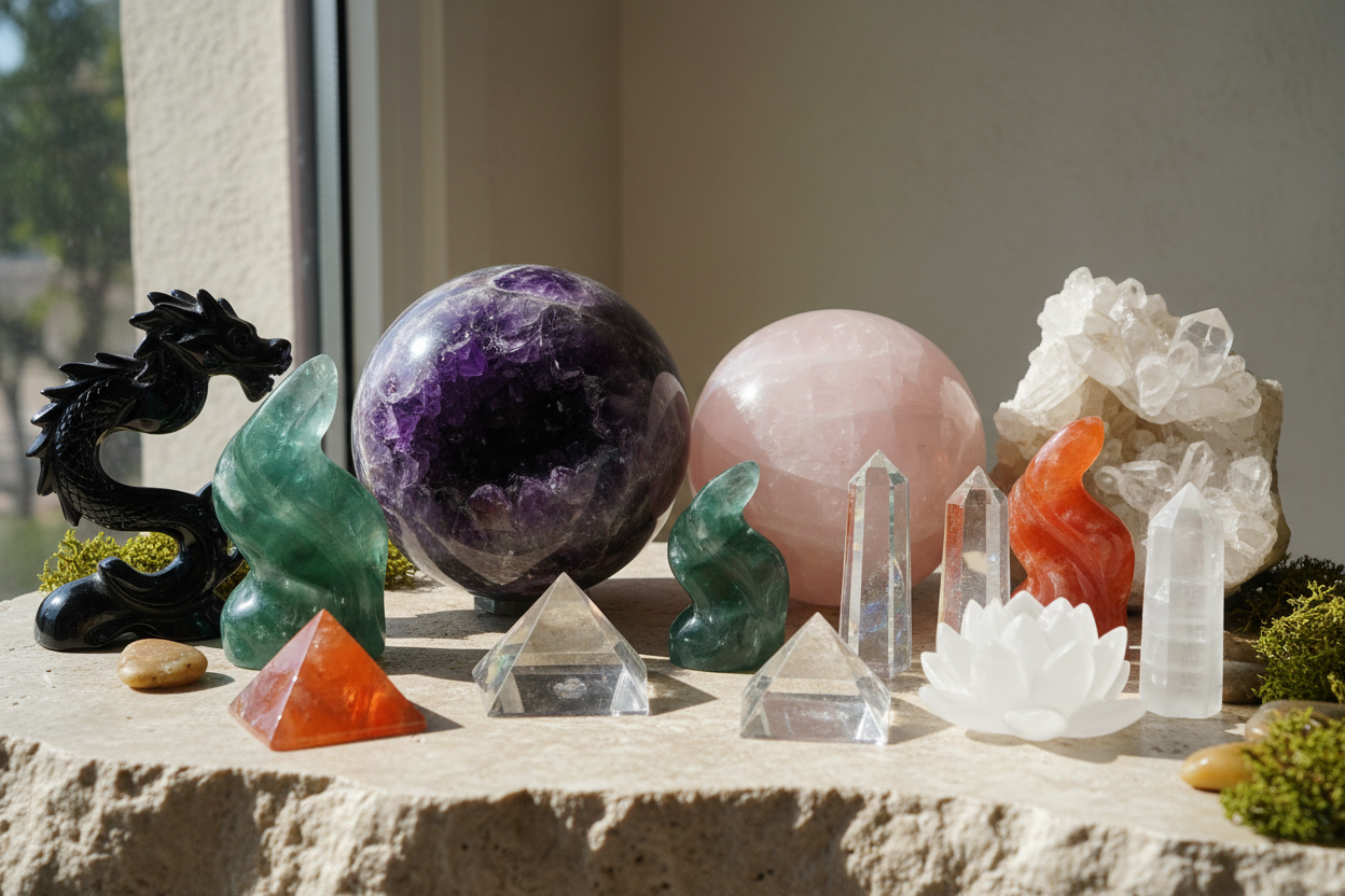 crystal carvings. like spheres and other carvings
