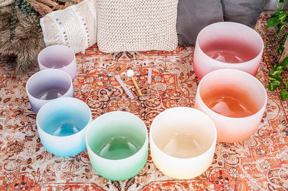 7 Chakra Color Quartz Crystal Singing Bowls Set (8"-14") – Gradient Chakra Healing Set – 440 Hz Color Crystal Singing Bowl Set