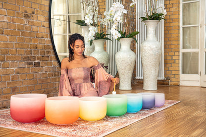 7 Chakra Color Quartz Crystal Singing Bowls Set (8"-14") – Gradient Chakra Healing Set – 440 Hz Color Crystal Singing Bowl Set