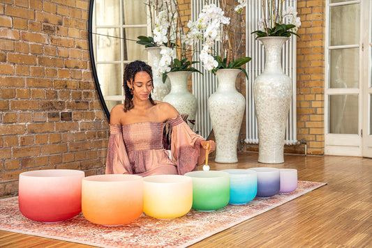 7 Chakra Color Quartz Crystal Singing Bowls Set (8"-14") – Gradient Chakra Healing Set – 440 Hz Color Crystal Singing Bowl Set