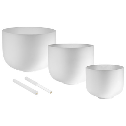 432 Hz Crystal Singing Bowls 8” F4, 10” D4, 12” C4 - Pure Harmony Set – 432 Hz White-Frosted Crystal Singing Bowl Set