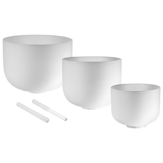 432 Hz Crystal Singing Bowls 8” F4, 10” D4, 12” C4 - Pure Harmony Set – 432 Hz White-Frosted Crystal Singing Bowl Set