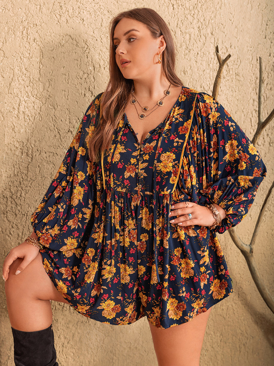 Floral Tie Neck Balloon Sleeve Romper – Dark Blue
