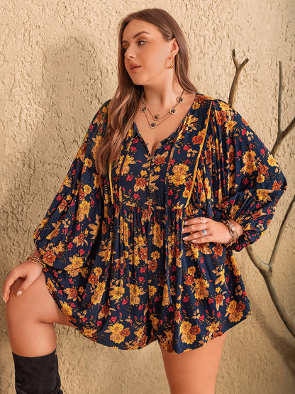 Floral Tie Neck Balloon Sleeve Romper – Dark Blue