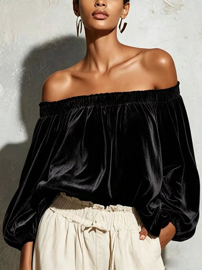 Off-Shoulder Velvet Long Sleeve Top