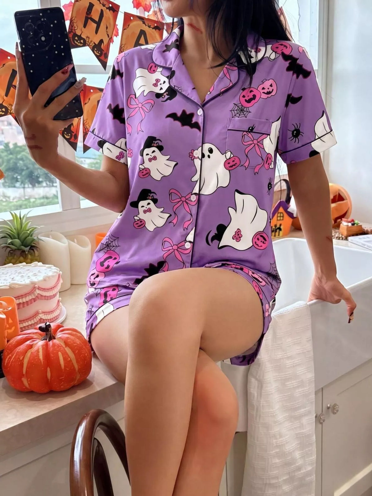Halloween Ghost Print Lounge Set – Button-Down Top & Shorts