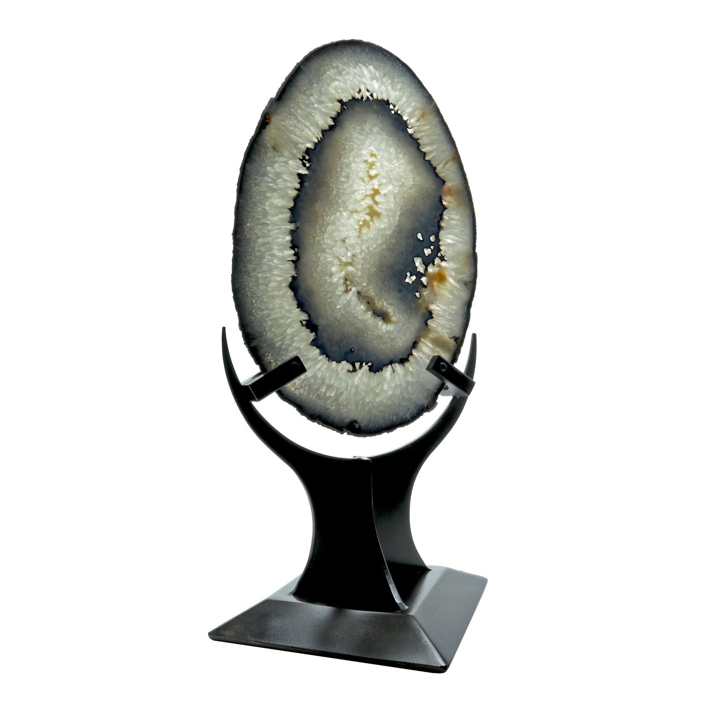 Agate Slice with Dark Blue Bands & Natural Egg Shape - Double-Sided Polish in Custom Crescent Stand –