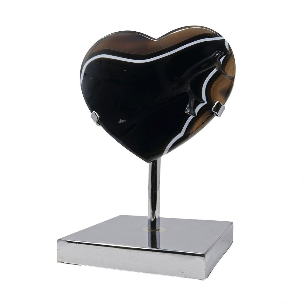 Black Agate Heart (Sard Onyx) in Custom Stainless Steel Stand –