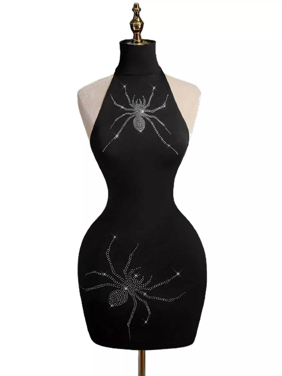 Black Rhinestone Spider Halter Bodycon Dress