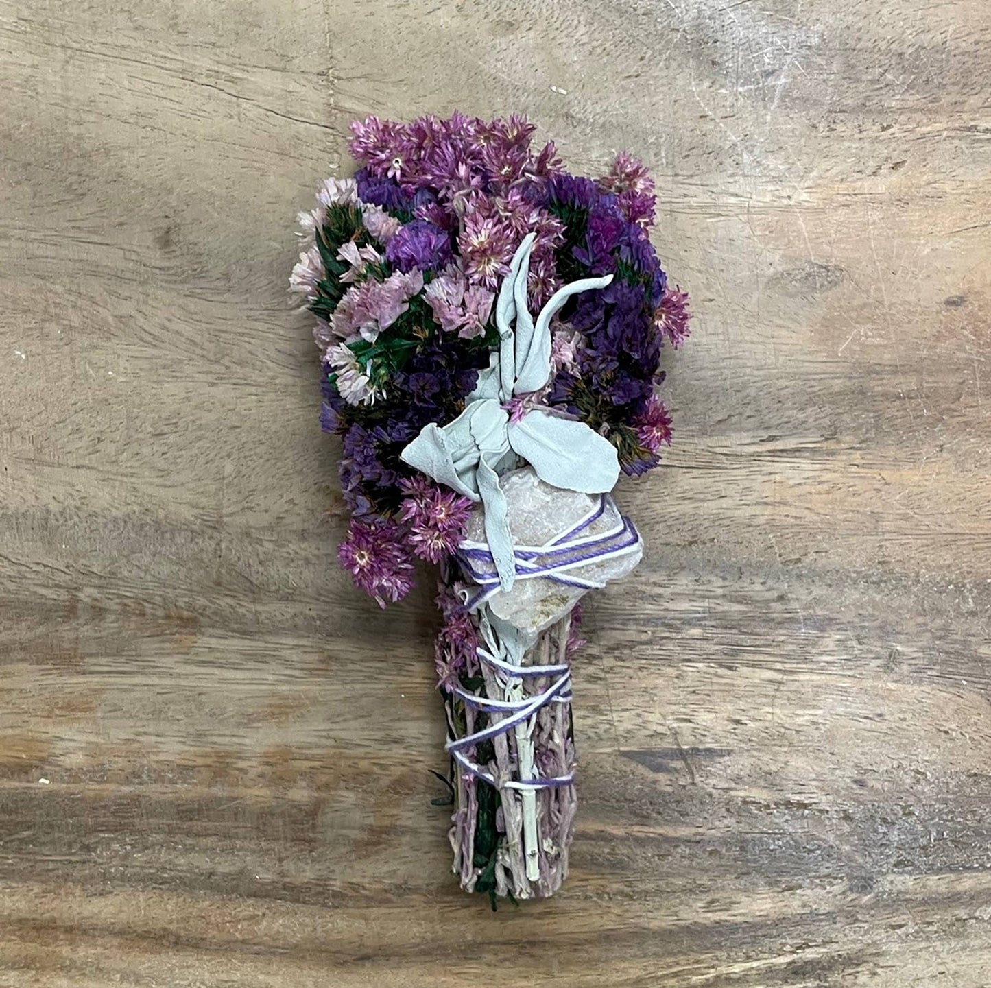 Pink & Purple Floral Sage Smudge Wand with Quartz Crystal