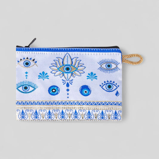 Cute Mini Lotus Evil Eye Pattern with Gold Accents Woven Zipper Coin Purse