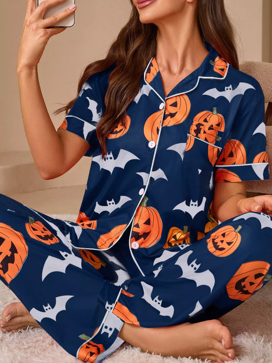 Halloween Pumpkin & Bat Print Button-Down Lounge Set