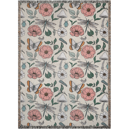 Insects and flowers woven blanket. Pink Flowers, Green Leaves Plants, White Mushrooms and Insects. Cute Mothers Day gift.