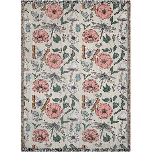 Insects and flowers woven blanket. Pink Flowers, Green Leaves Plants, White Mushrooms and Insects. Cute Mothers Day gift.