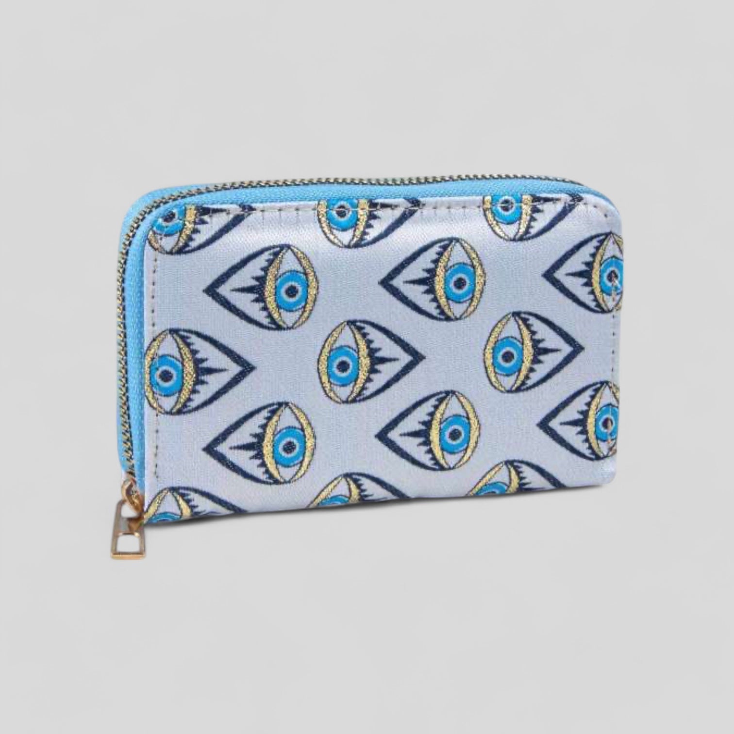 Evil Eye Patterned Woven Zipper Wallet with Gold Accents –