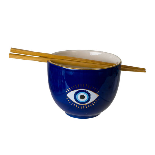 Evil Eye Ramen Bowl with Chopsticks – Ceramic Noodle Bowl & Lucky Charm