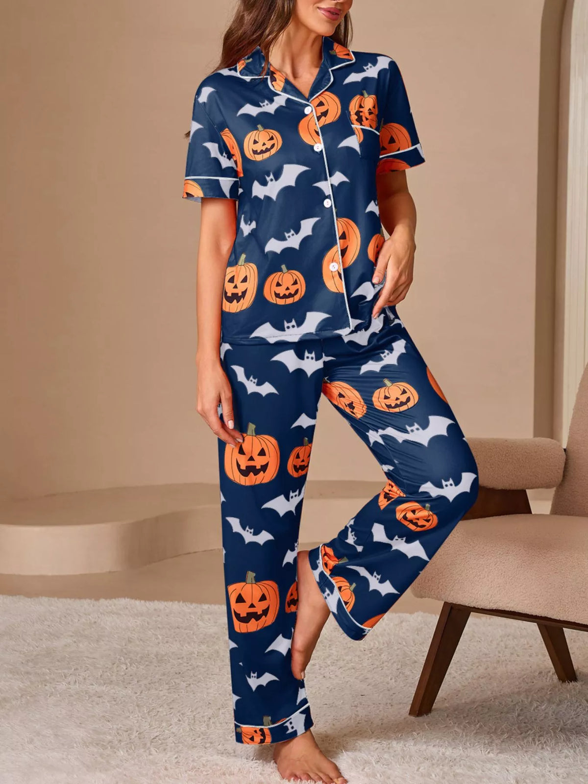 Halloween Pumpkin & Bat Print Button-Down Lounge Set