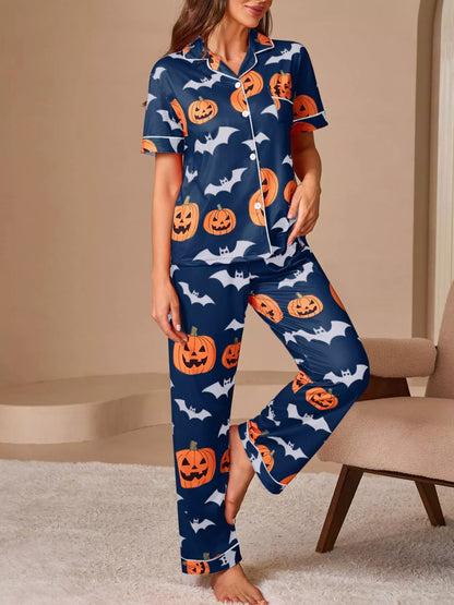 Halloween Pumpkin & Bat Print Button-Down Lounge Set