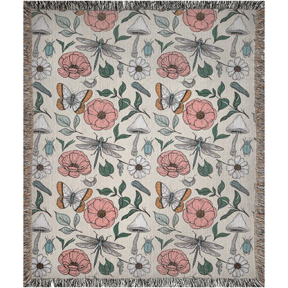 Insects and flowers woven blanket. Pink Flowers, Green Leaves Plants, White Mushrooms and Insects. Cute Mothers Day gift.