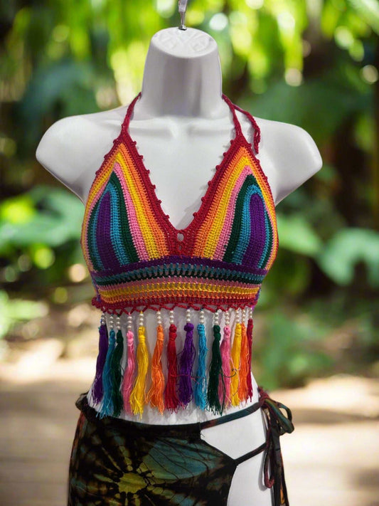 Rainbow Pride Bikini Top with Pearls and Fringe – Apparel