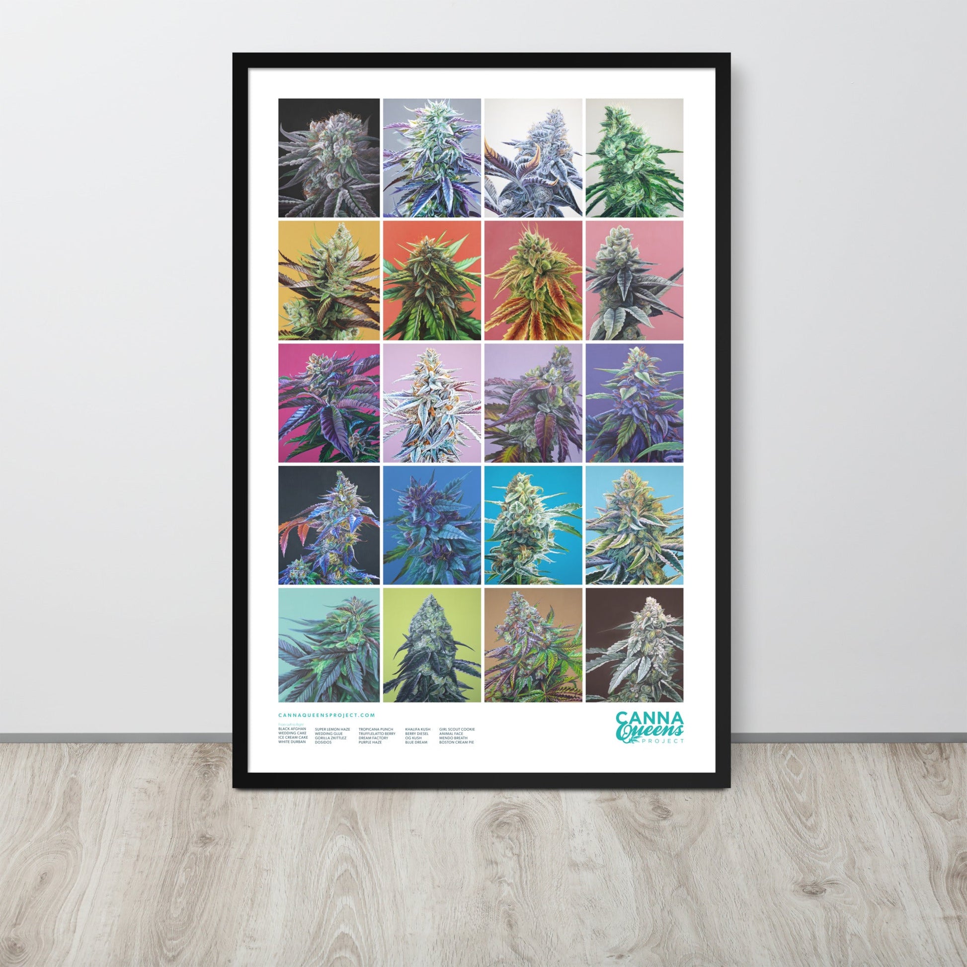 Framed Cannabis Strains Poster 24x36 - 20 Strains Art – Black Posters, Prints, & Visual Artwork