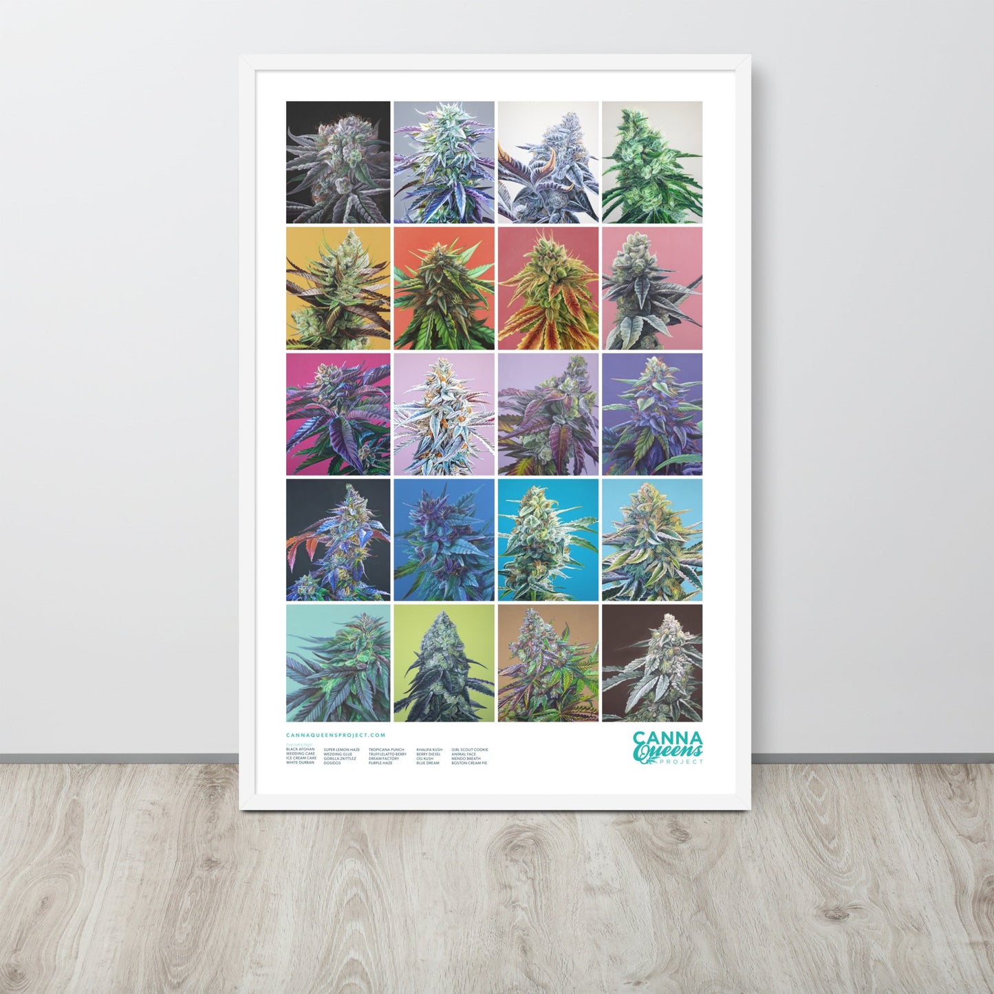 Framed Cannabis Strains Poster 24x36 - 20 Strains Art – White Posters, Prints, & Visual Artwork