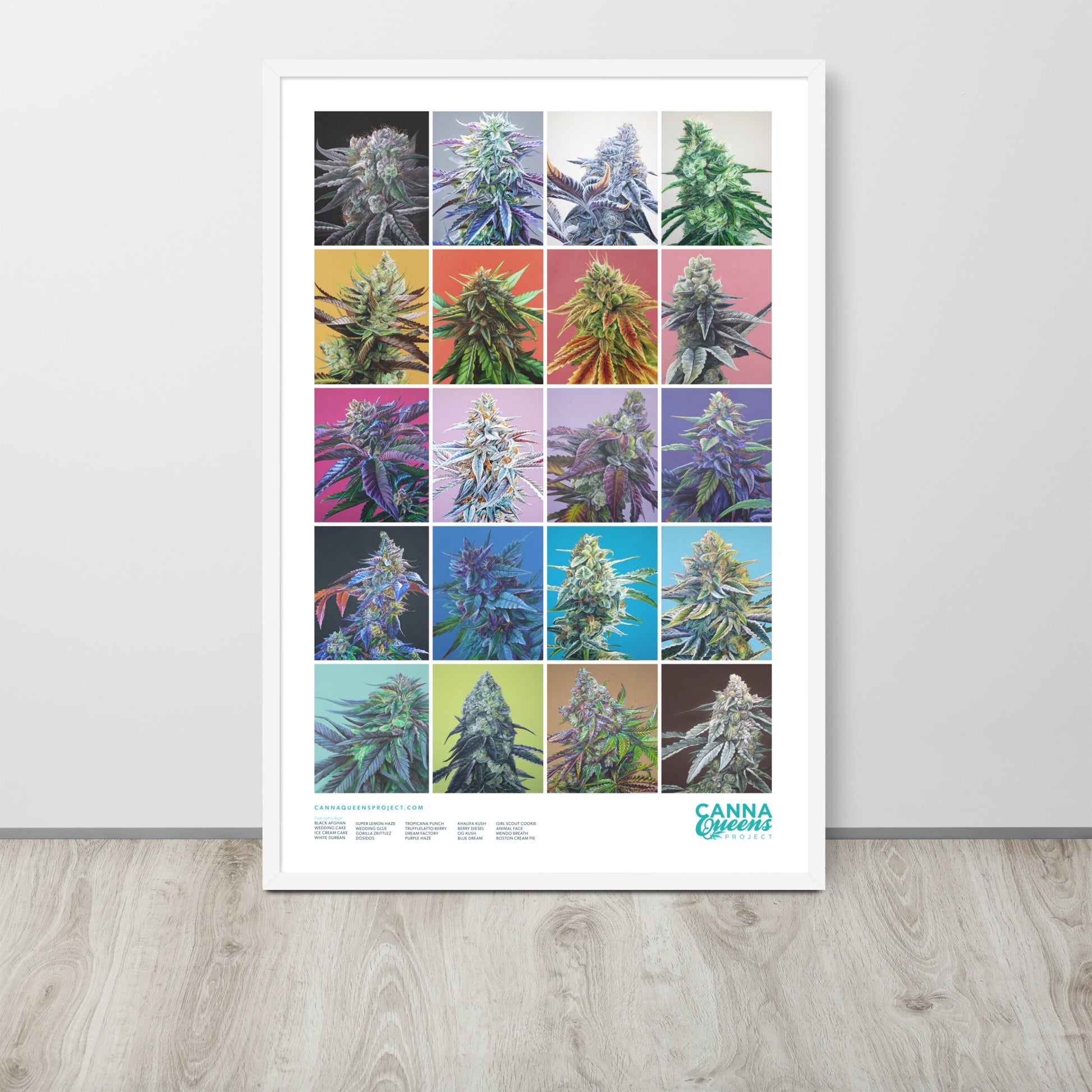 Framed Cannabis Strains Poster 24x36 - 20 Strains Art – White Posters, Prints, & Visual Artwork