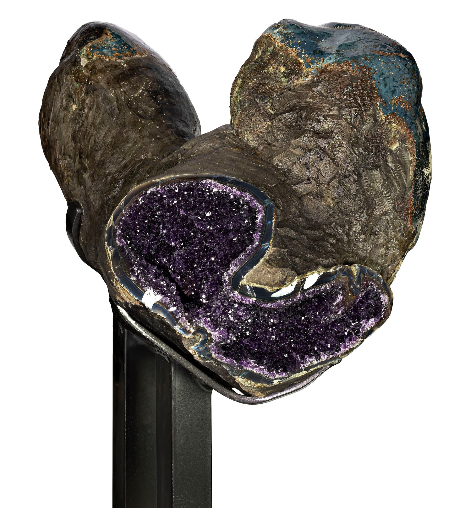Amethyst Multi-Vug Geode with Calcite - Custom Steel Stand – Crystals & Geodes