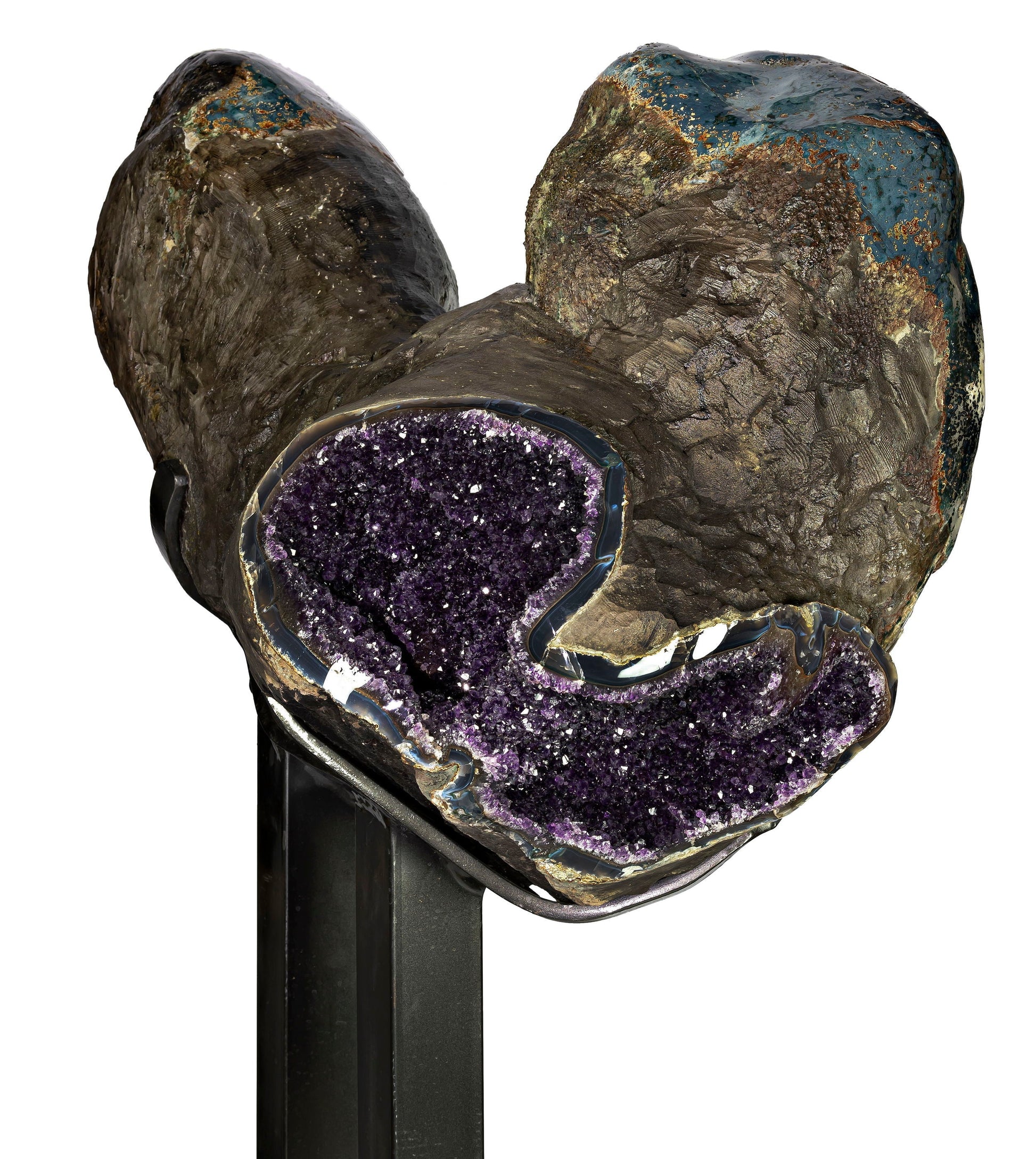 Amethyst Multi-Vug Geode with Calcite - Custom Steel Stand – Crystals & Geodes